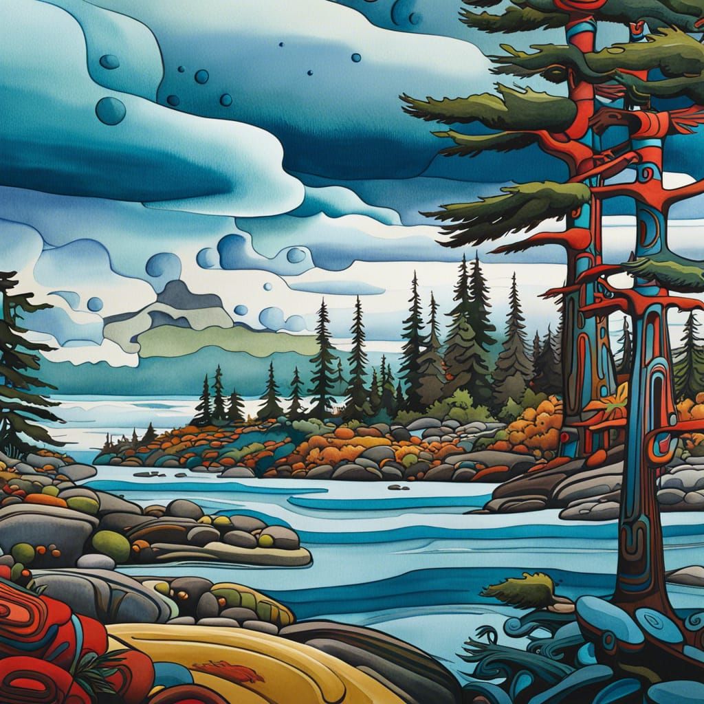 3D Watercolor Landscape in Haida Formline Style