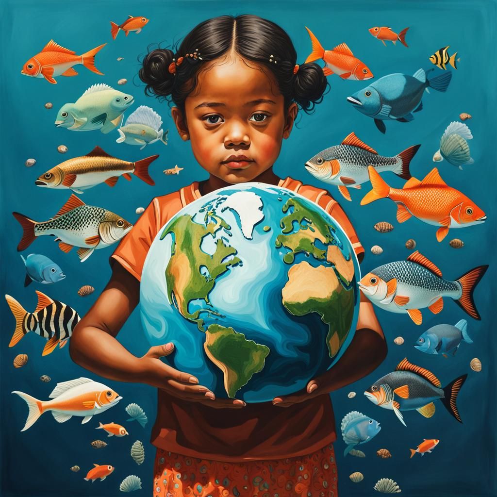 Child Holds Earth: Double Exposure Oil Painting