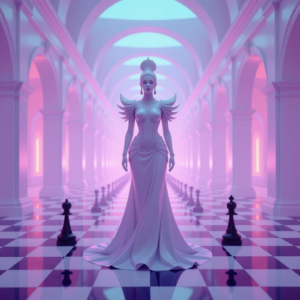 Vaporwave Chess Goddess in Liminal Atrium