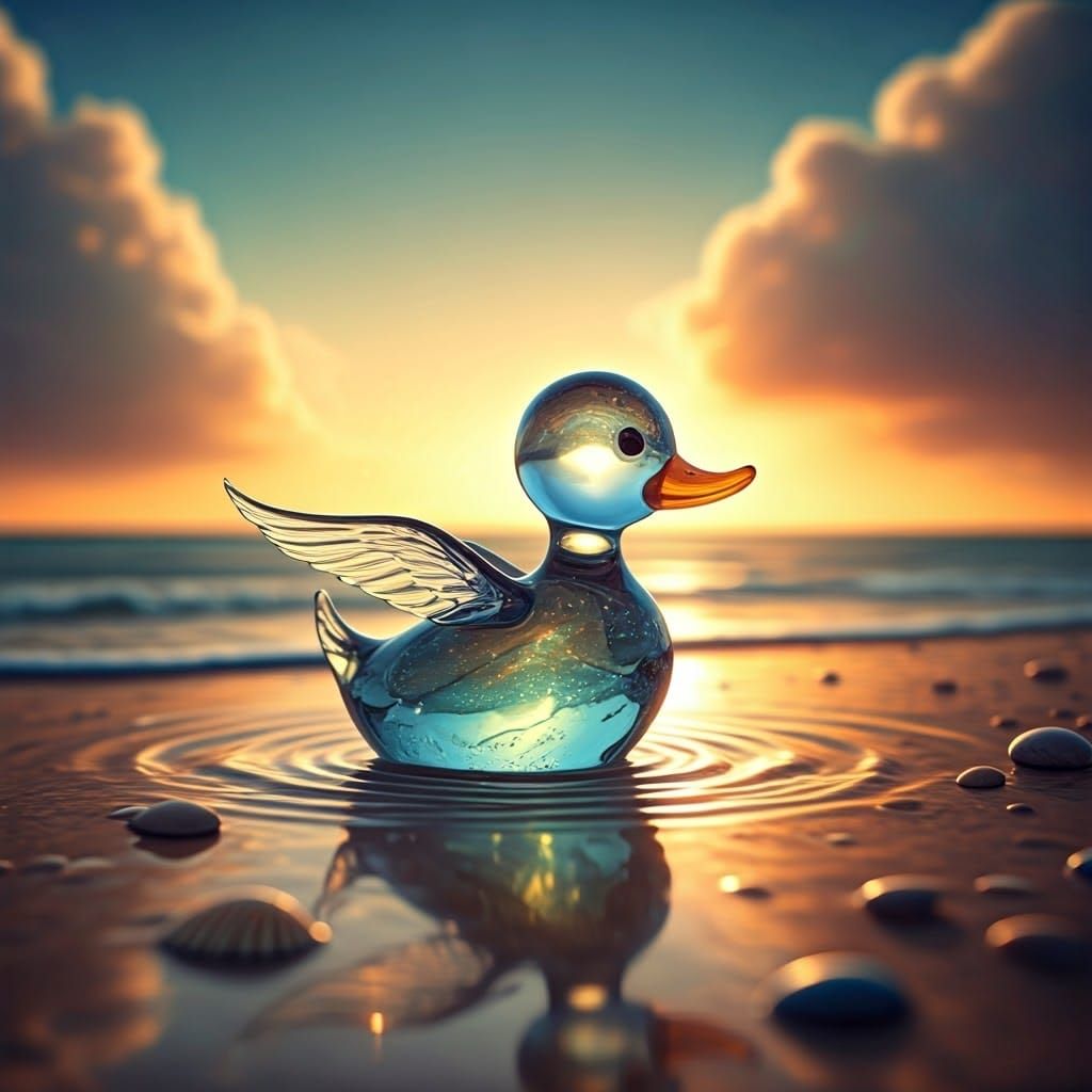 Glass Baby Duck Figurine on Sunny Beach, Pixar Style