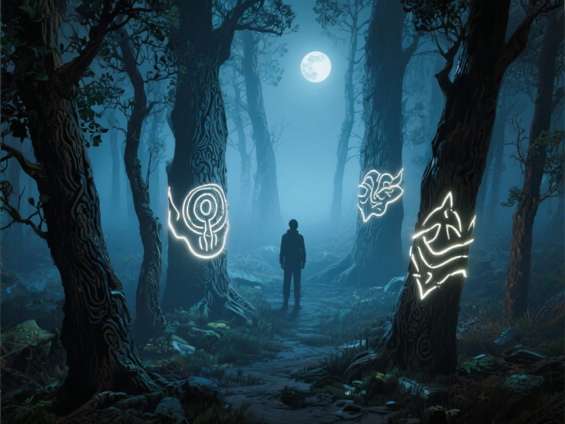 Midnight Foggy Forest with Lone Figure in Botanical Futurism...