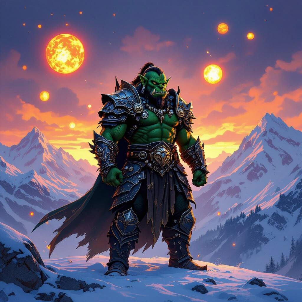 Green Orc in Dragon Armor Amidst Snowy Peaks with Fiery Sky