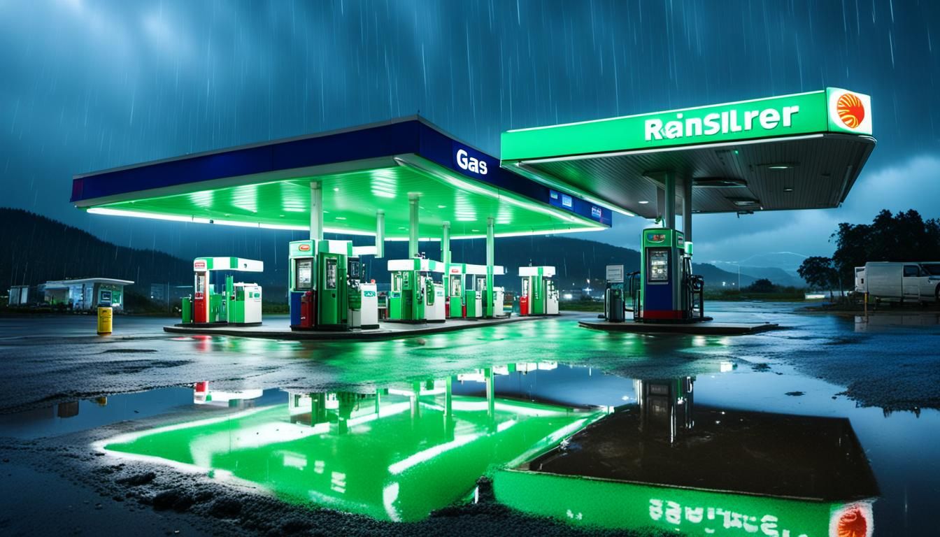 Gas Station at Night Reflected in Puddle