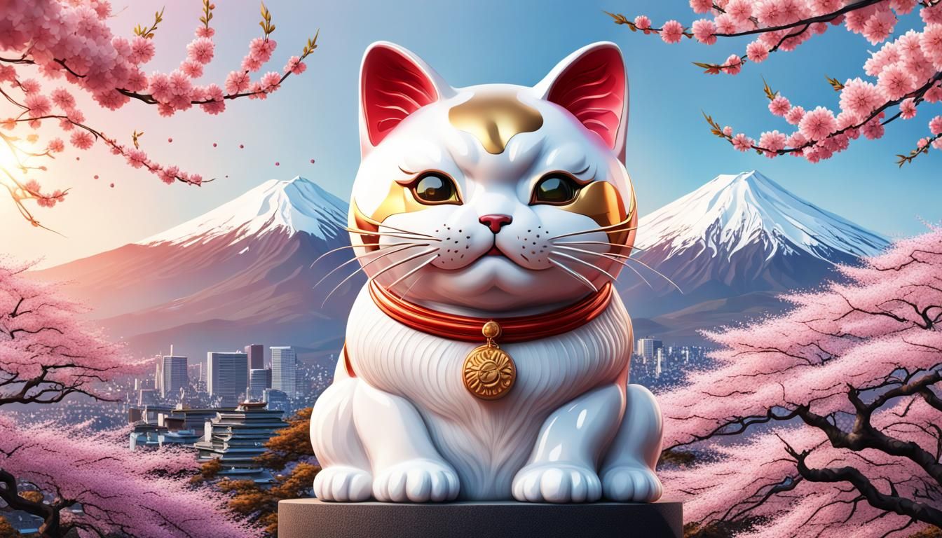 Mount Fuji and Sakura with Maneki Neko: Hyperrealistic Art