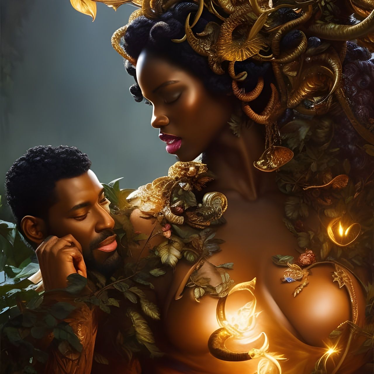 Eve, Adam, and the Serpent in Eden: Oil Painting