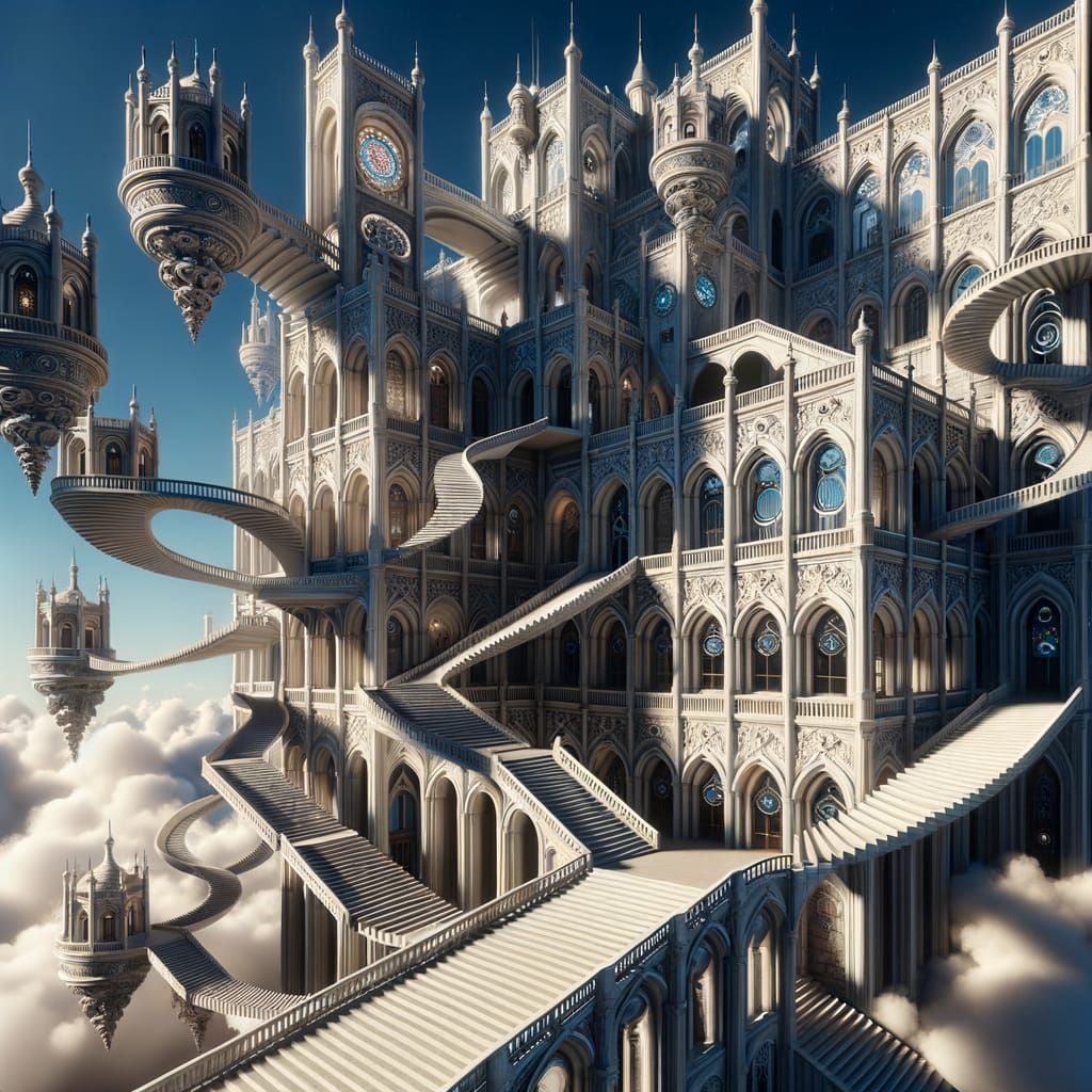 Gothic Dreamscape with Twisting Staircases and Majestic Arch...
