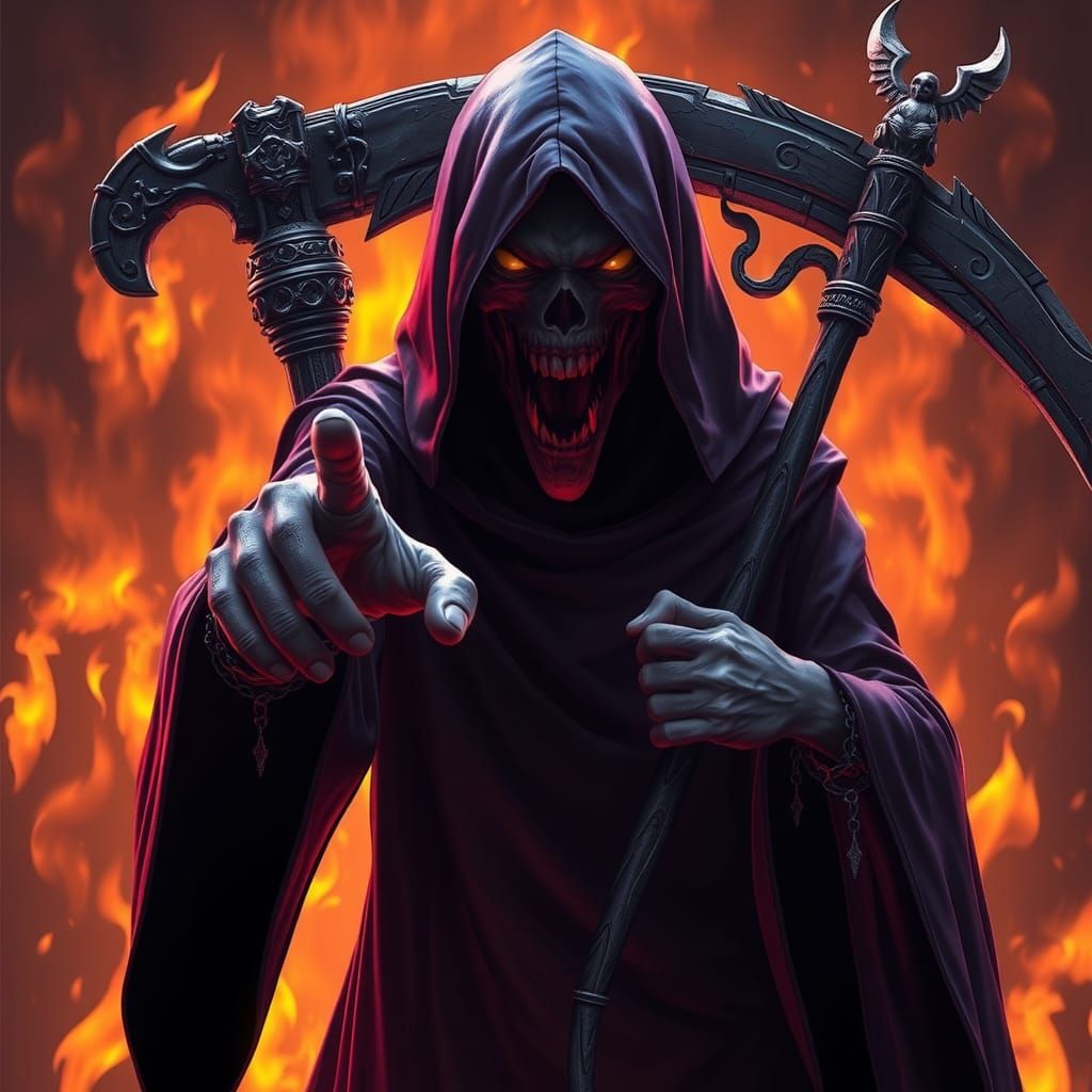 Eerie Grim Reaper in Fiery Dark Fantasy Style