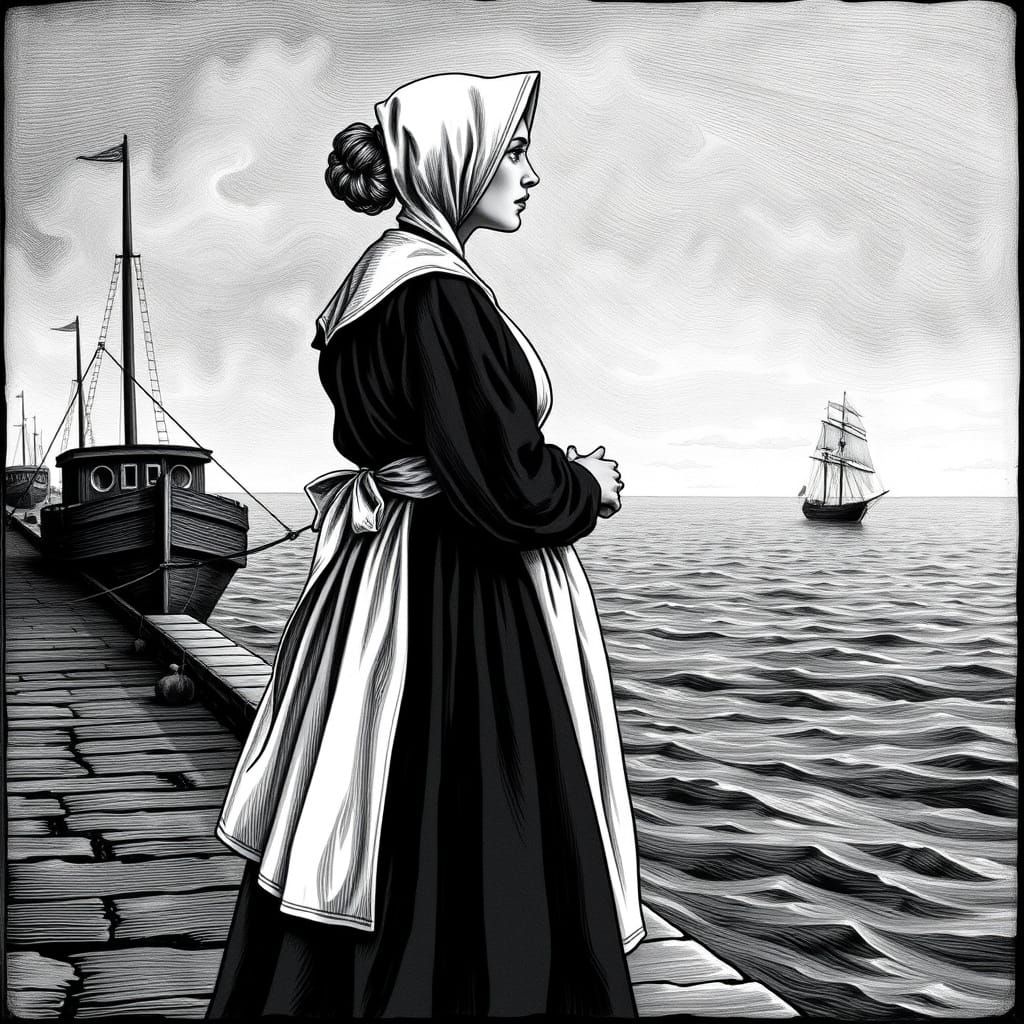 Amish Woman at Rotterdam Harbor in Traditional Style