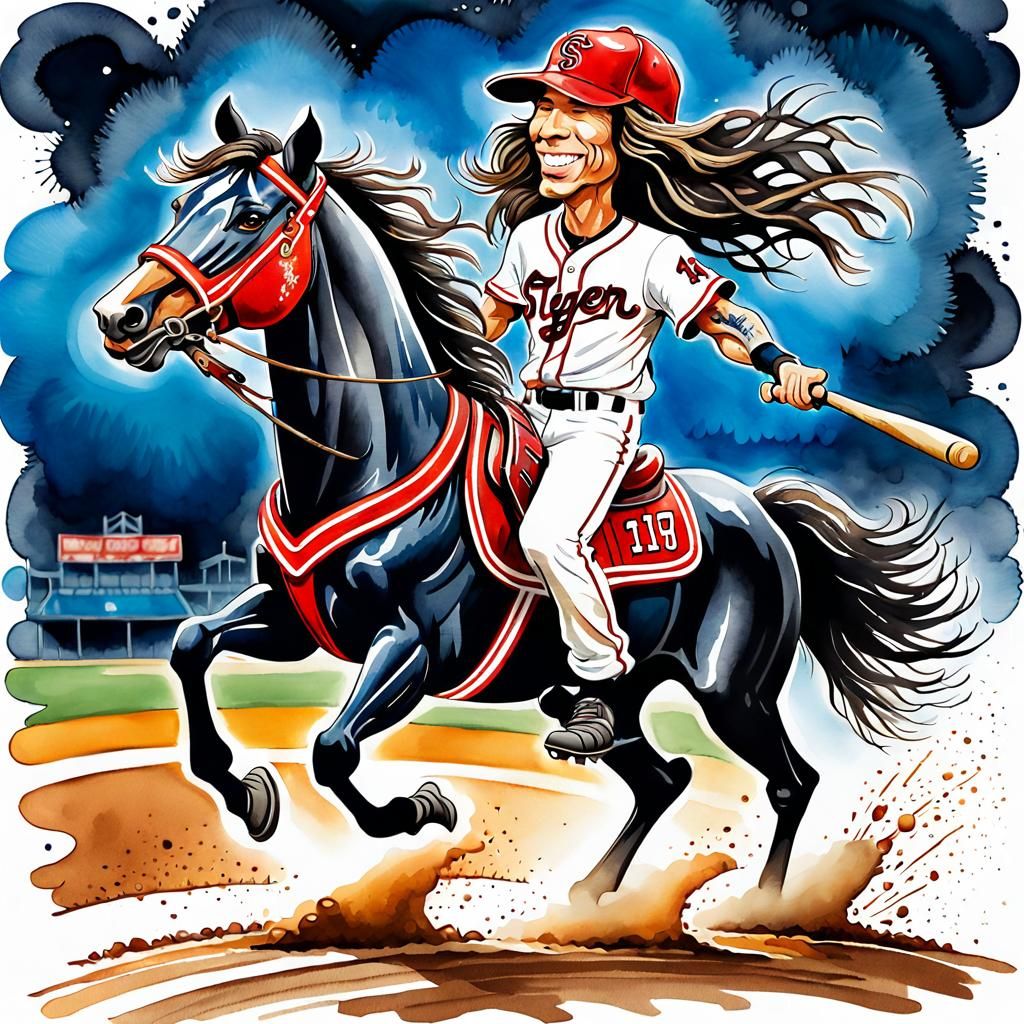 Baseball Player Rides Horse in Watercolor Caricature