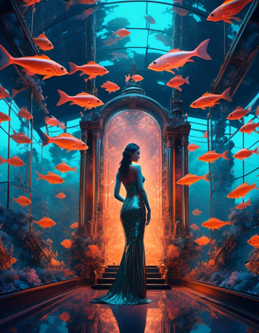 Surreal Steampunk Woman in Neon Aquarium