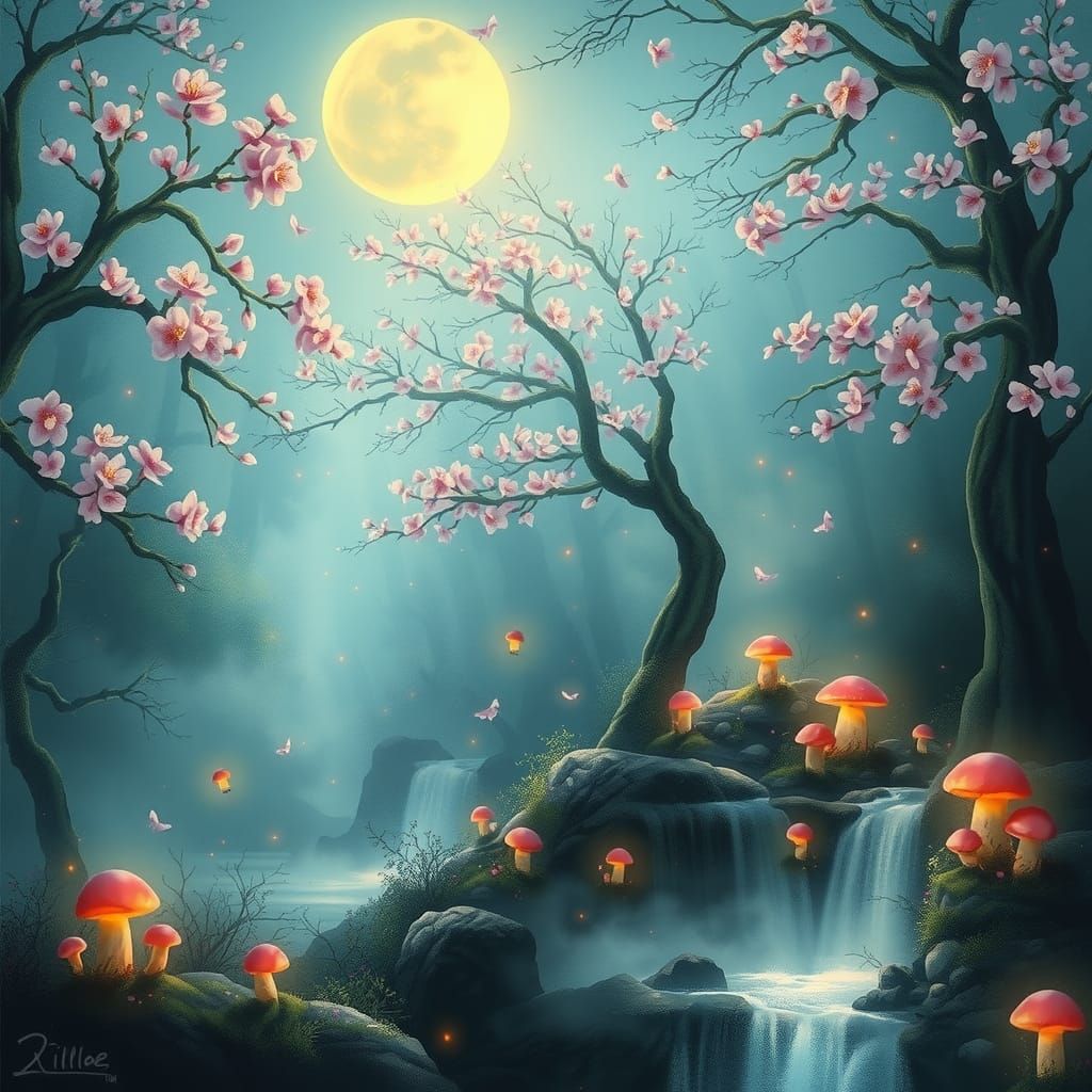 Mystic Forest with Cherry Blossoms and Moonlit Glow