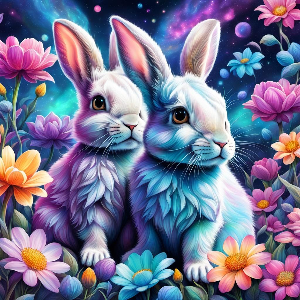 Cute Baby Bunnies in Astral Cosmic Illustration