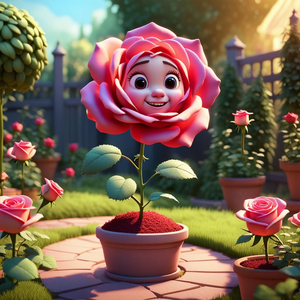 Animated Rose Dancing in Garden: 3D Digital Art