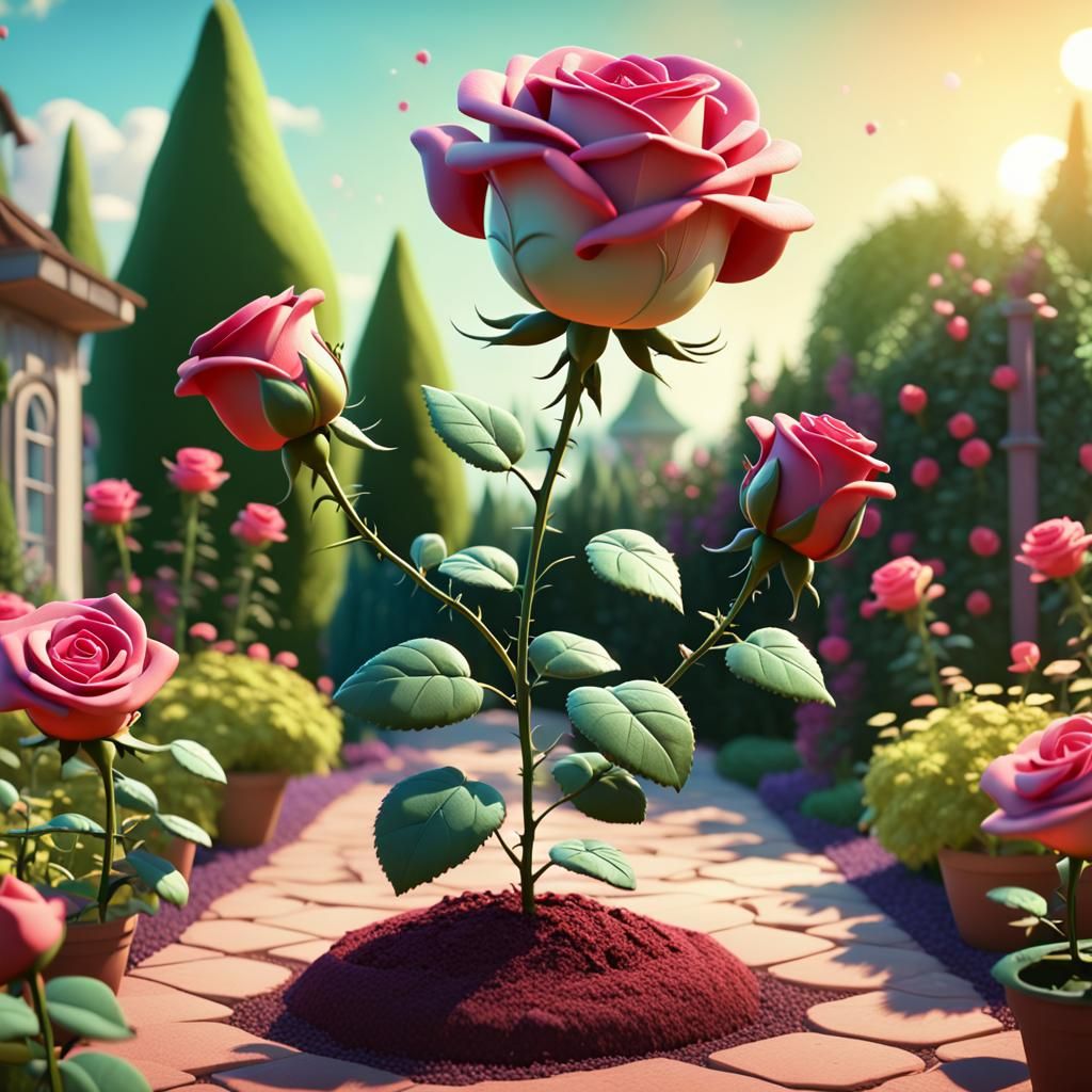 Animated Rose Dancing in Garden: Pixar-Style 3D Art