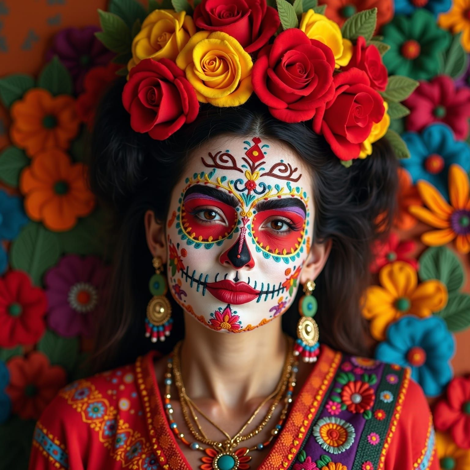 Vibrant Sugar Skull Portrait of Mexican Lady