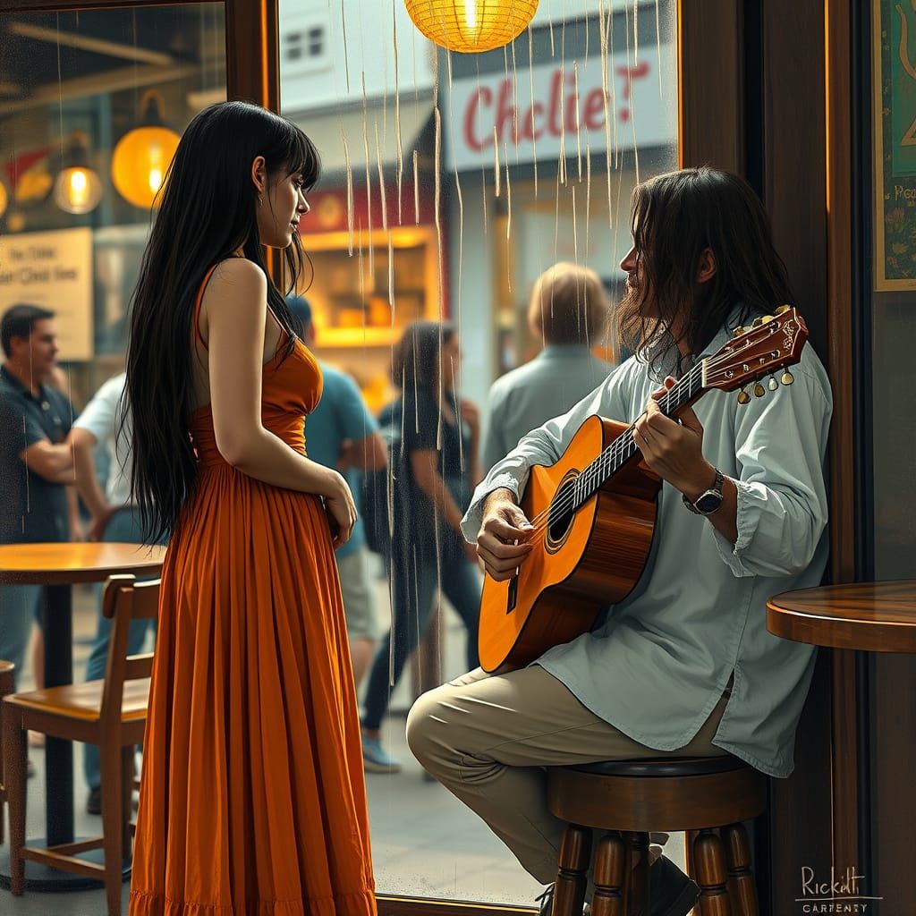 Bohemian Cafe Scene with Guitarist in Fantasy Art Style