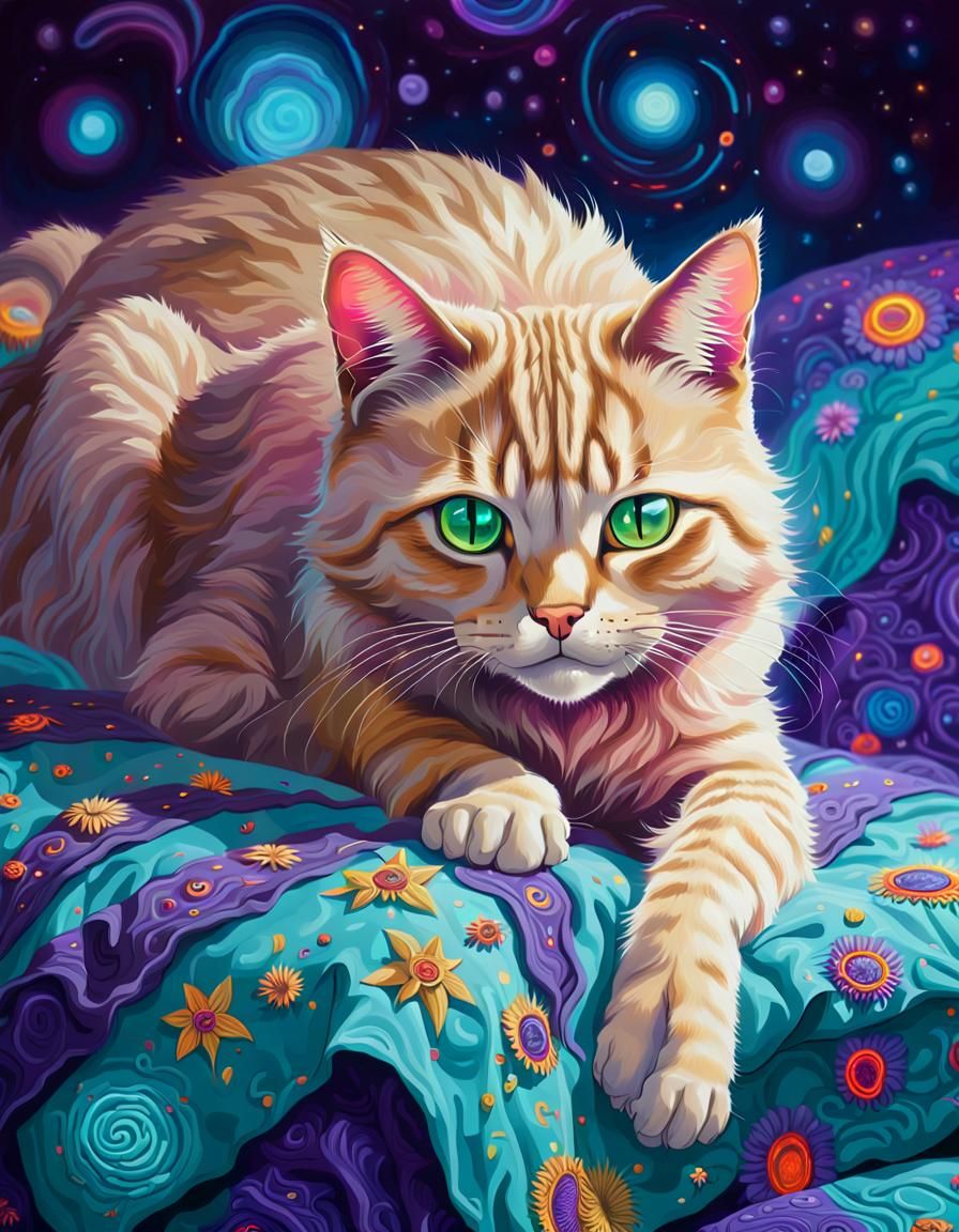 Blonde Cat with Neon Purple Eyes in Psychedelic Art