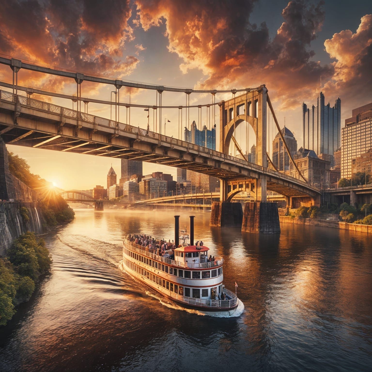 Pittsburgh Riverboat Sunset Under Roberto Clemente Bridge