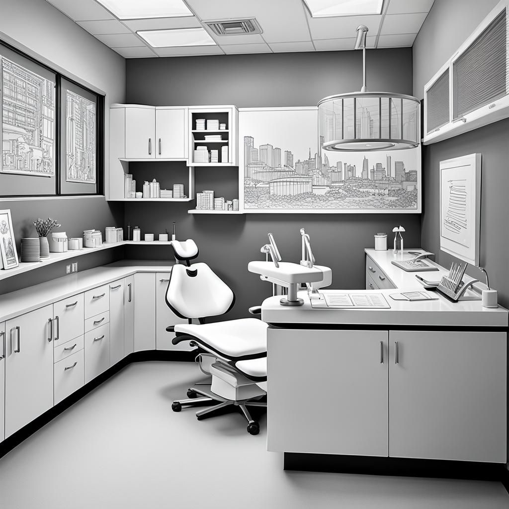 Dentist Office Coloring Page in Black and White