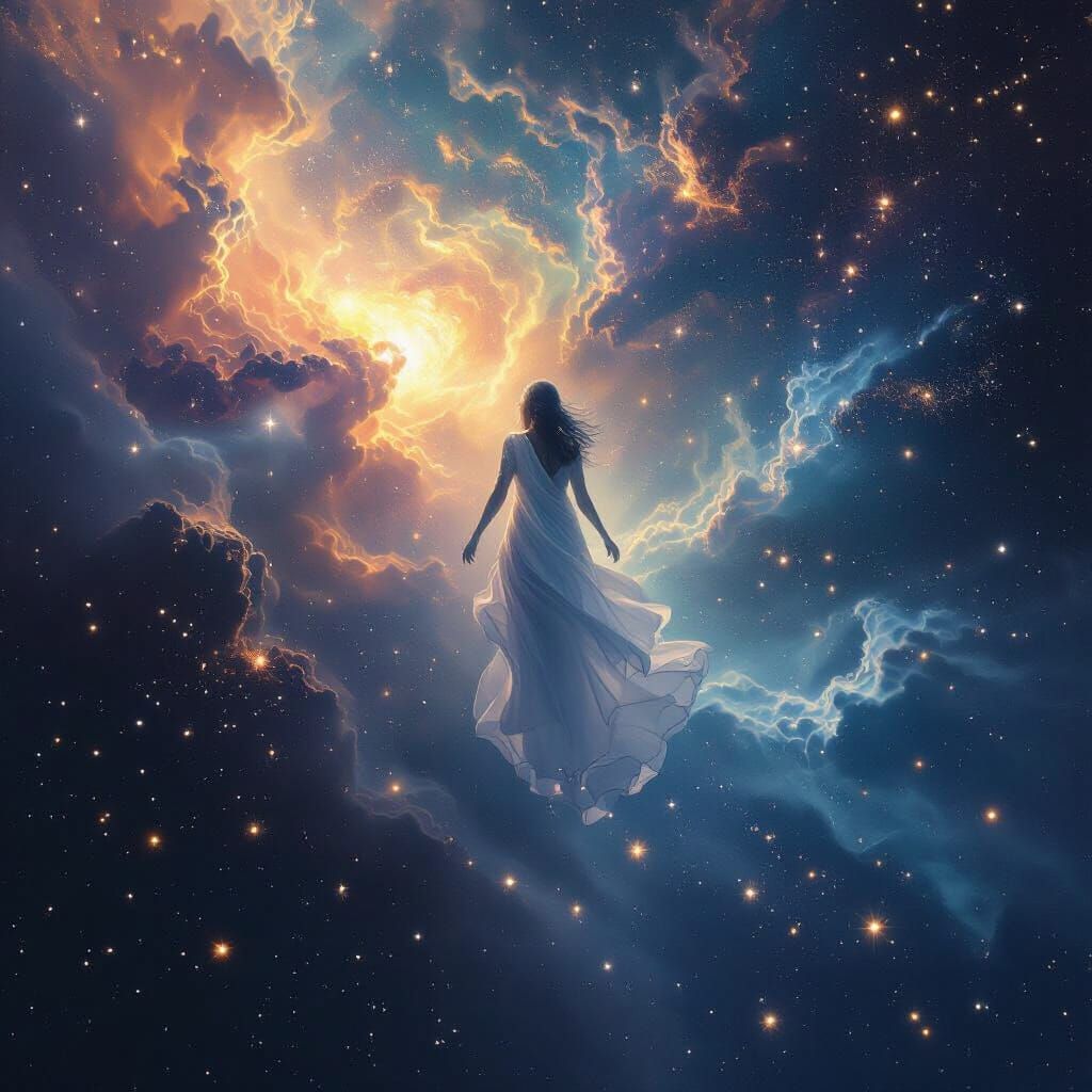 Ethereal Stardust Figure in Cosmic Landscape