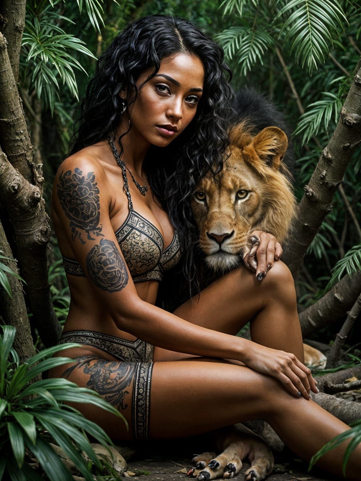 Woman and Lion in Jungle