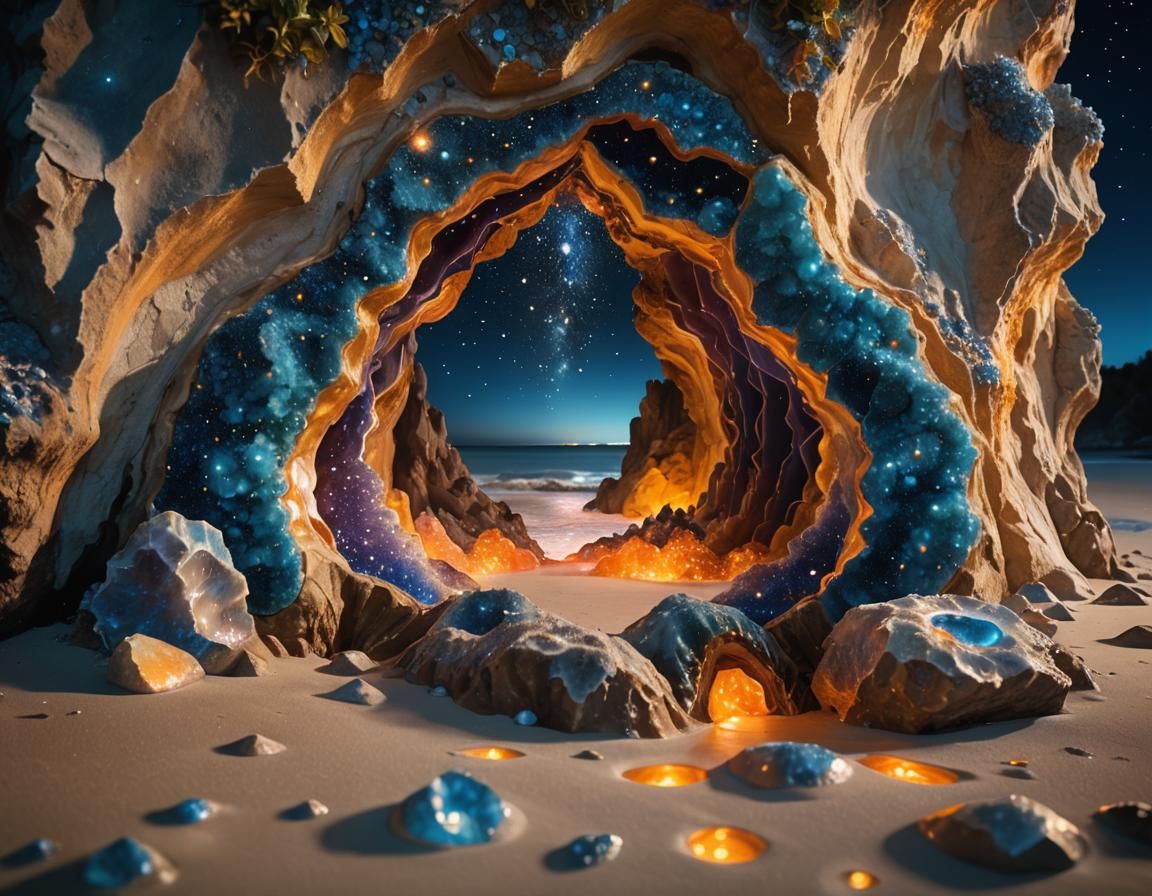 A giant geode cave on a beautiful beach inlet cove at night,...