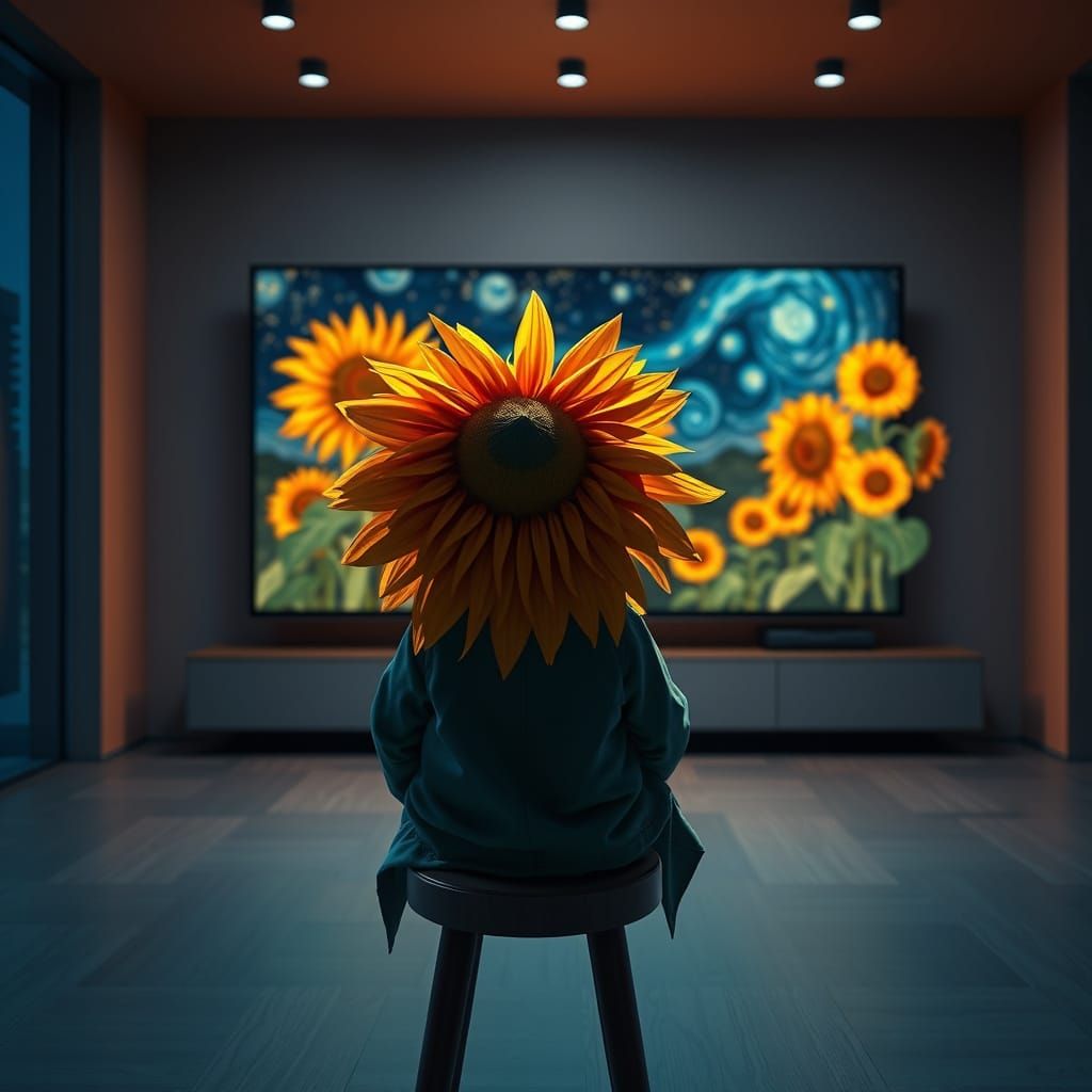 Sunflower Watches Van Gogh Art on LED TV in Vibrant Style