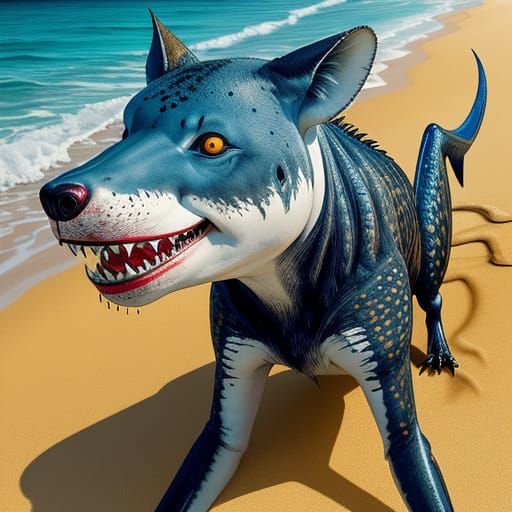 Surreal Beach Scene of Shark-Spider-Hyena Hybrid