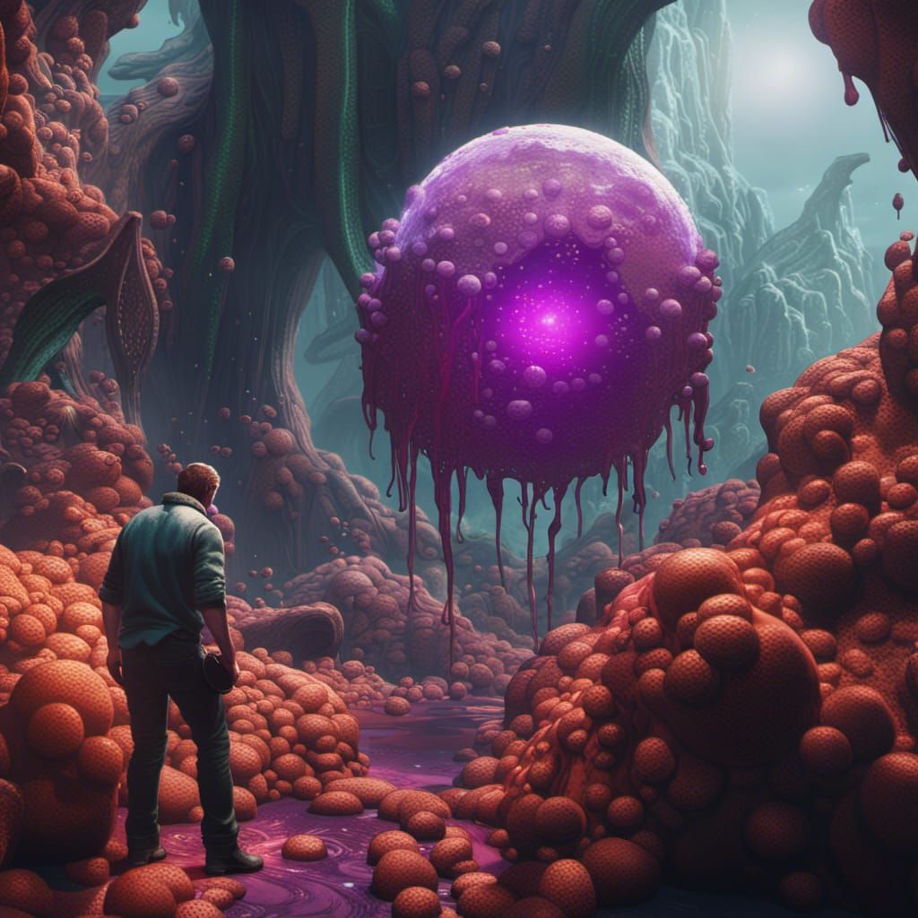 Man Taming Sentient Slime Balls: Detailed Matte Painting