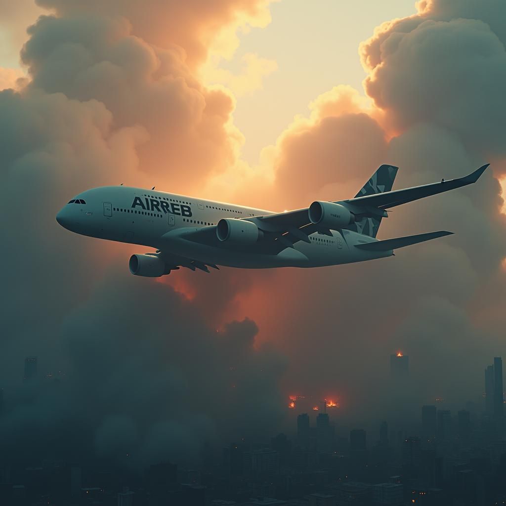 Airbus A380 Soaring from Smoke: Dystopian Concept Art