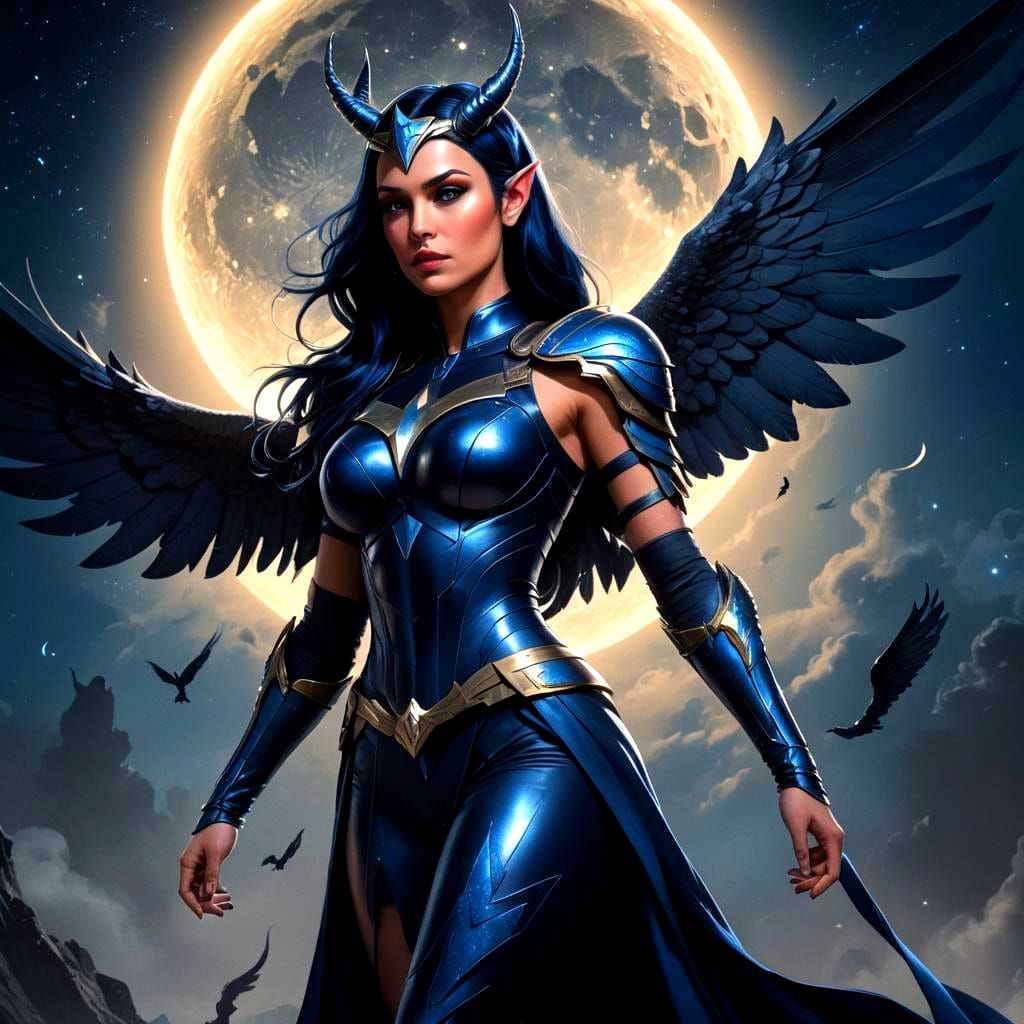 Winged Unicorn Superheroine with Moon Symbol