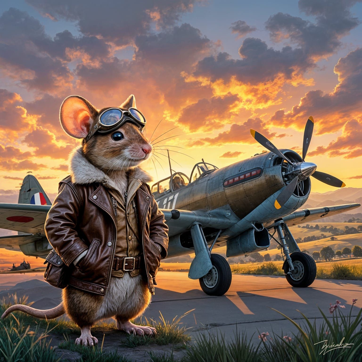 Anthropomorphic Mouse Pilot by WW2 Plane at Sunset