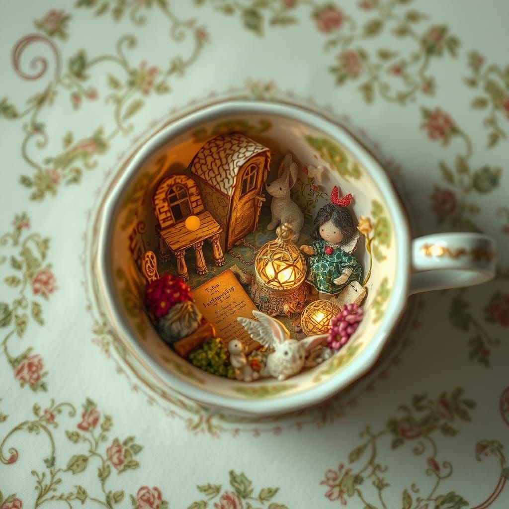 Miniature Fairytale in a Teacup: Mixed Media Collage