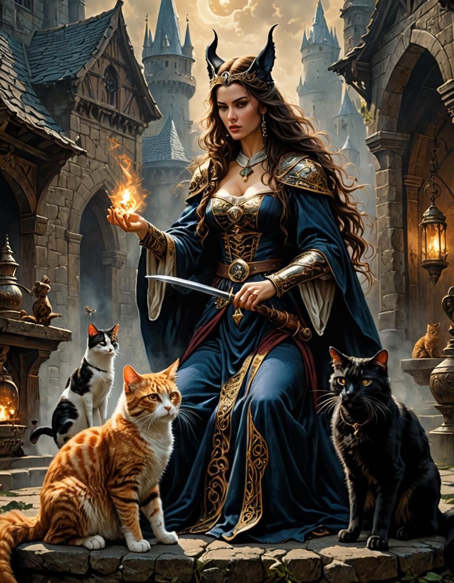 medieval wizard with her pet cats