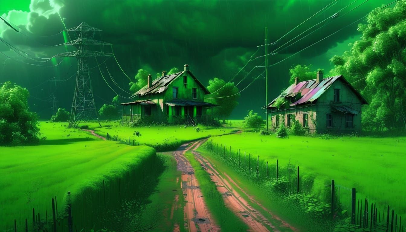 Neon Green Field with Abandoned Cottage: Matte Painting