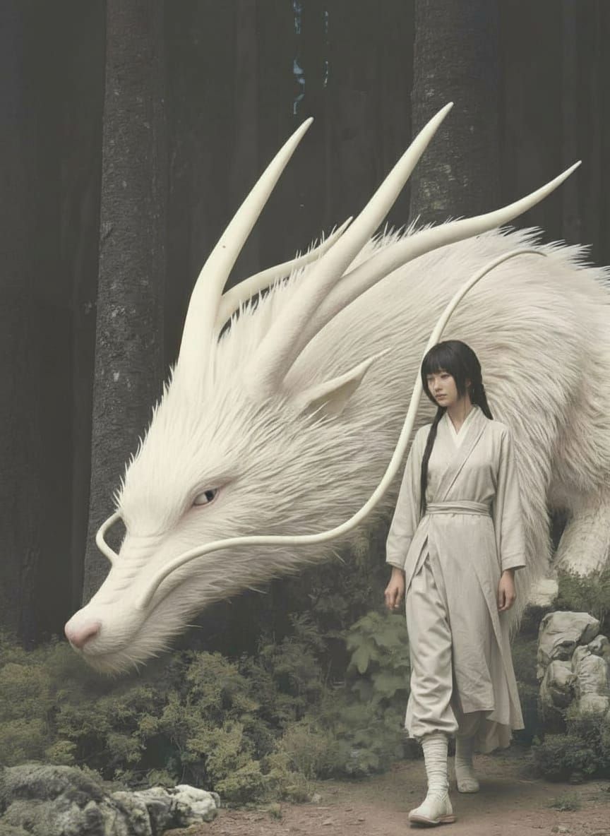 Japanese Dragon and Woman in Forest