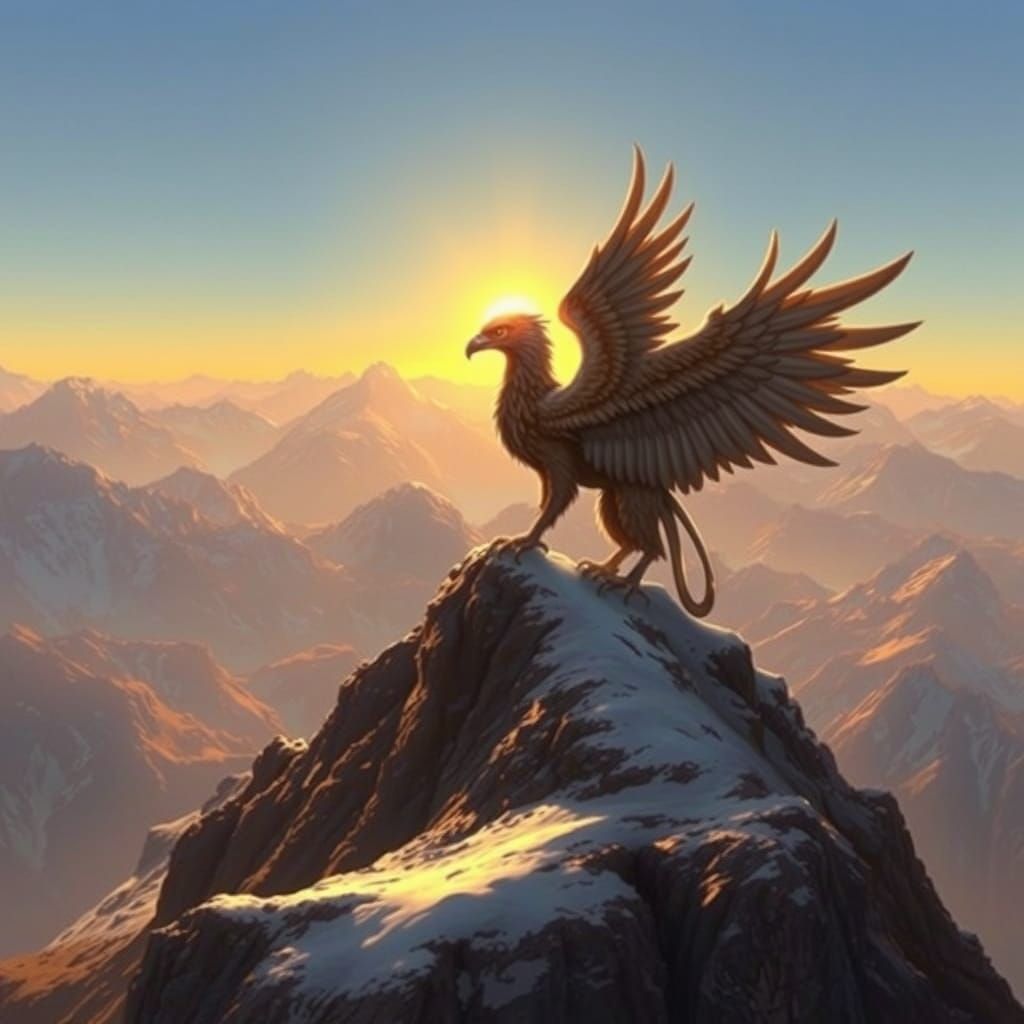 Griffin on Snow-Capped Peak at Sunrise