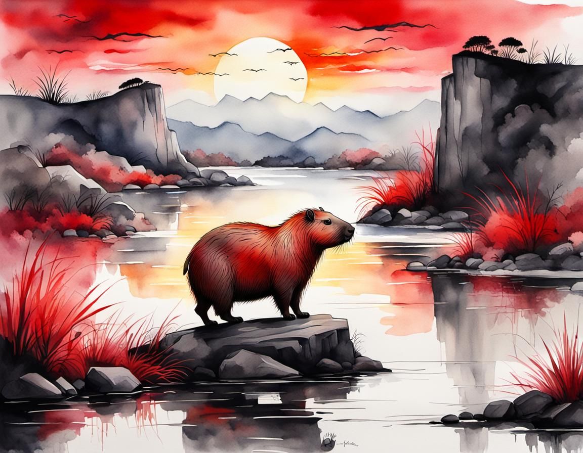 Capybara on Cliff: Watercolor Painting in Red