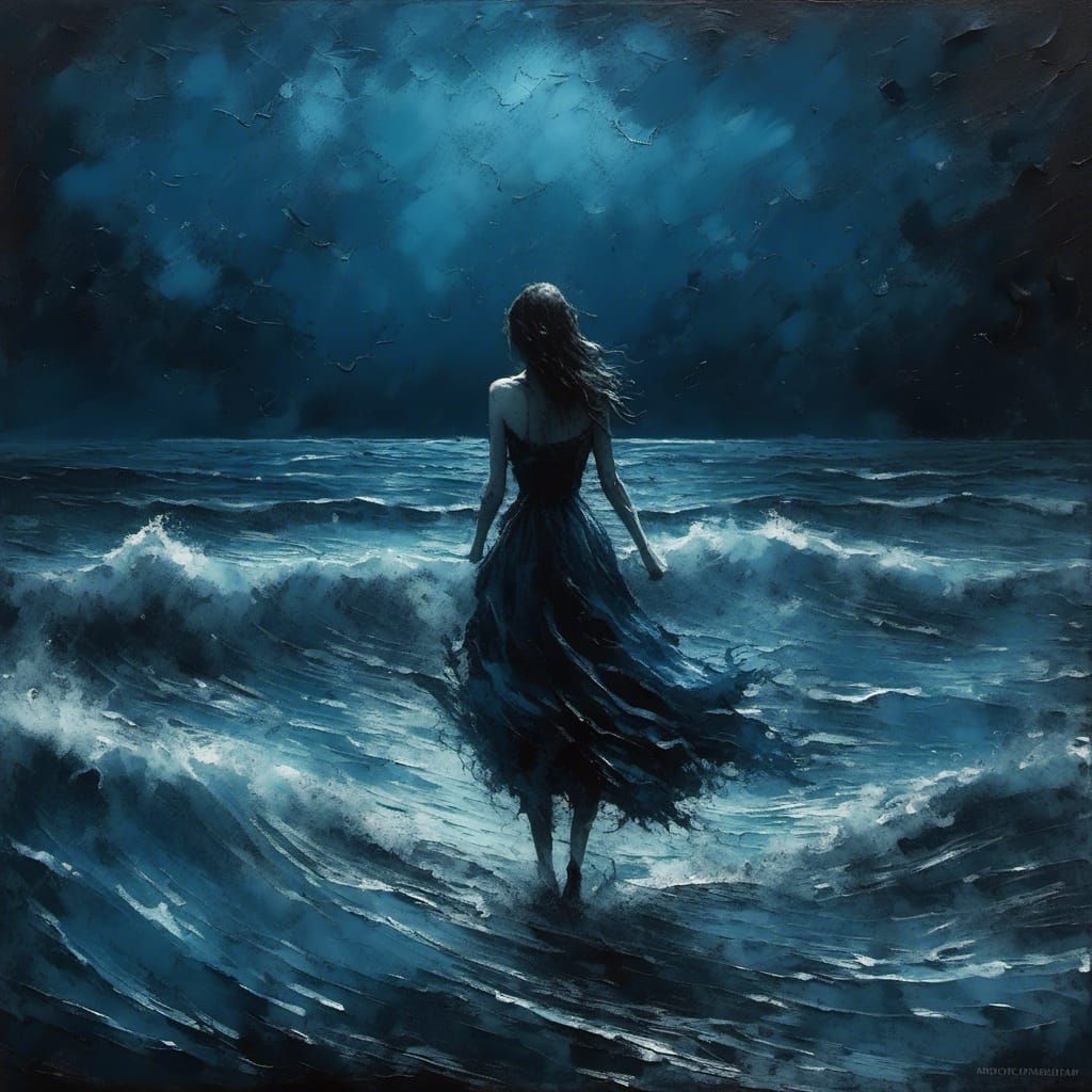 Sad Woman in Blue Monochrome Impasto Painting