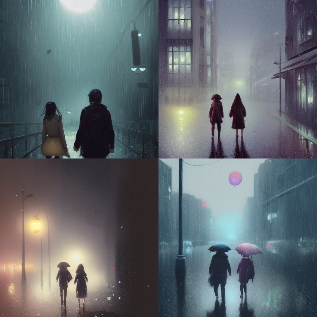 Cute Couple Walking in Rainy City Night