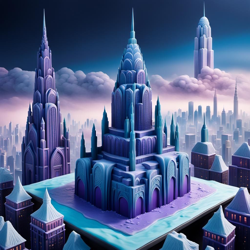 Cake Skyscraper Cityscape in Vibrant Fantasy Art