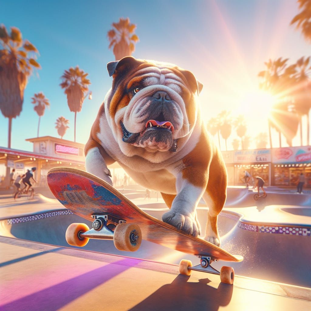 English Bulldog Shreds at Venice Beach Skate Park