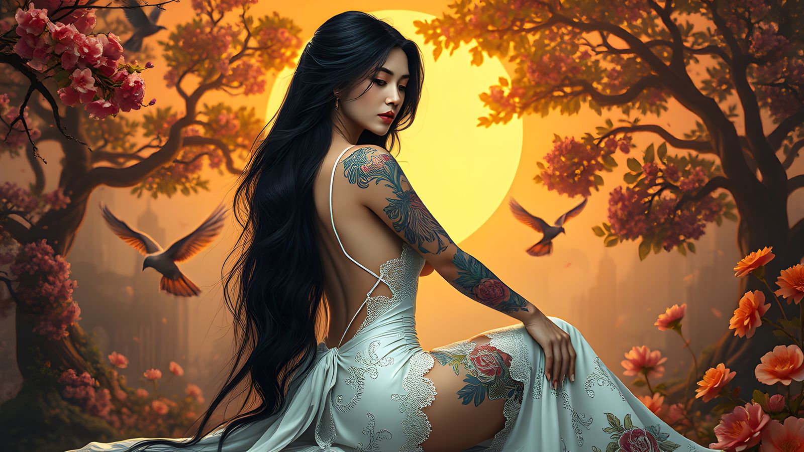 Elegant Woman with Tattoos in Fantasy Setting