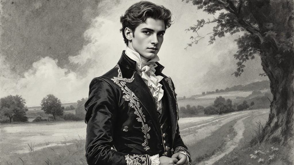 Elegant Nobleman in Blue Satin, Charcoal Sketch in Atmospher...