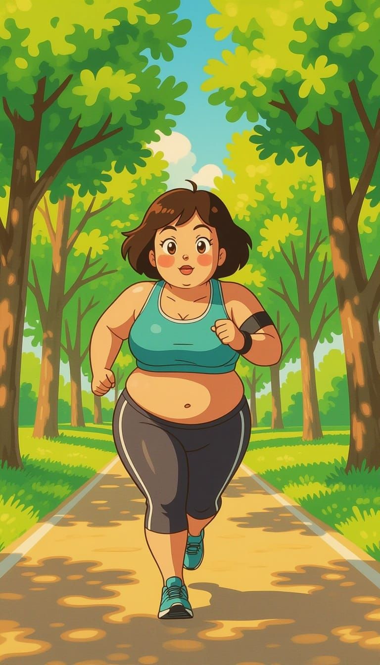 Cartoon Woman Jogging in Sunny Park