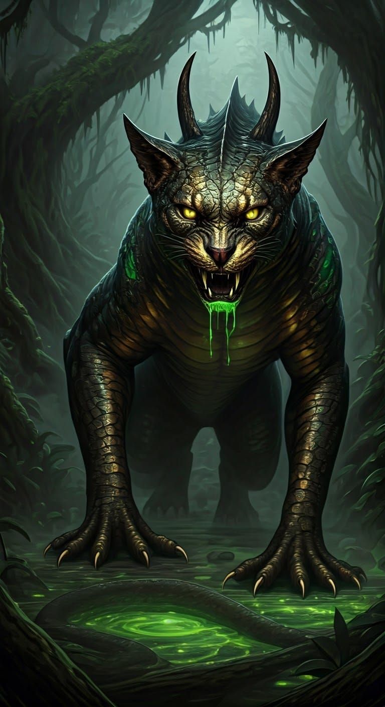 Demonic Wildcat-Viper Hybrid with Iridescent Scales