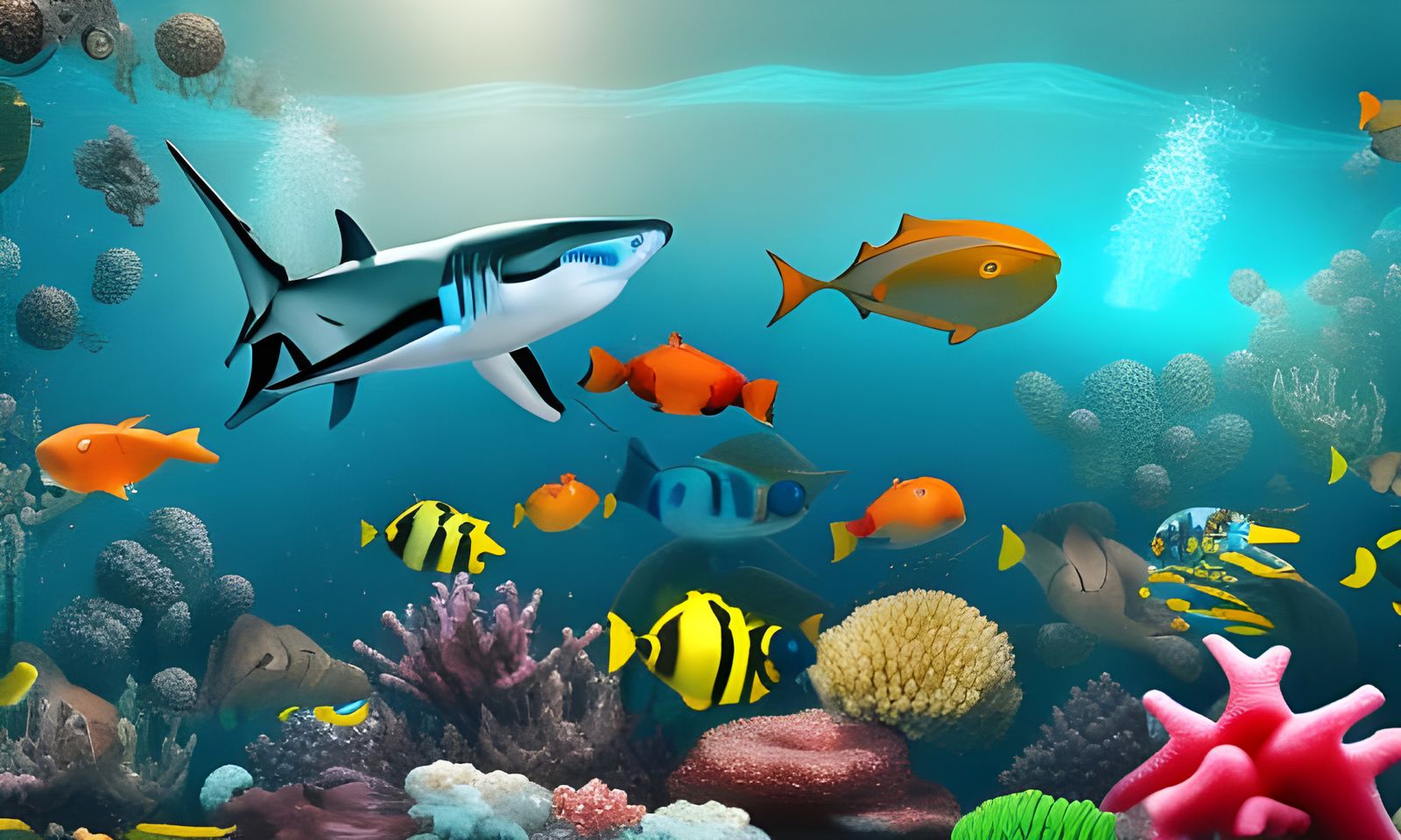 Shark Amidst Multicolored Fish: Underwater Coral Reef