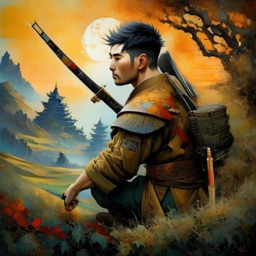 Ancient Chinese Warrior with Spear in Oil Painting