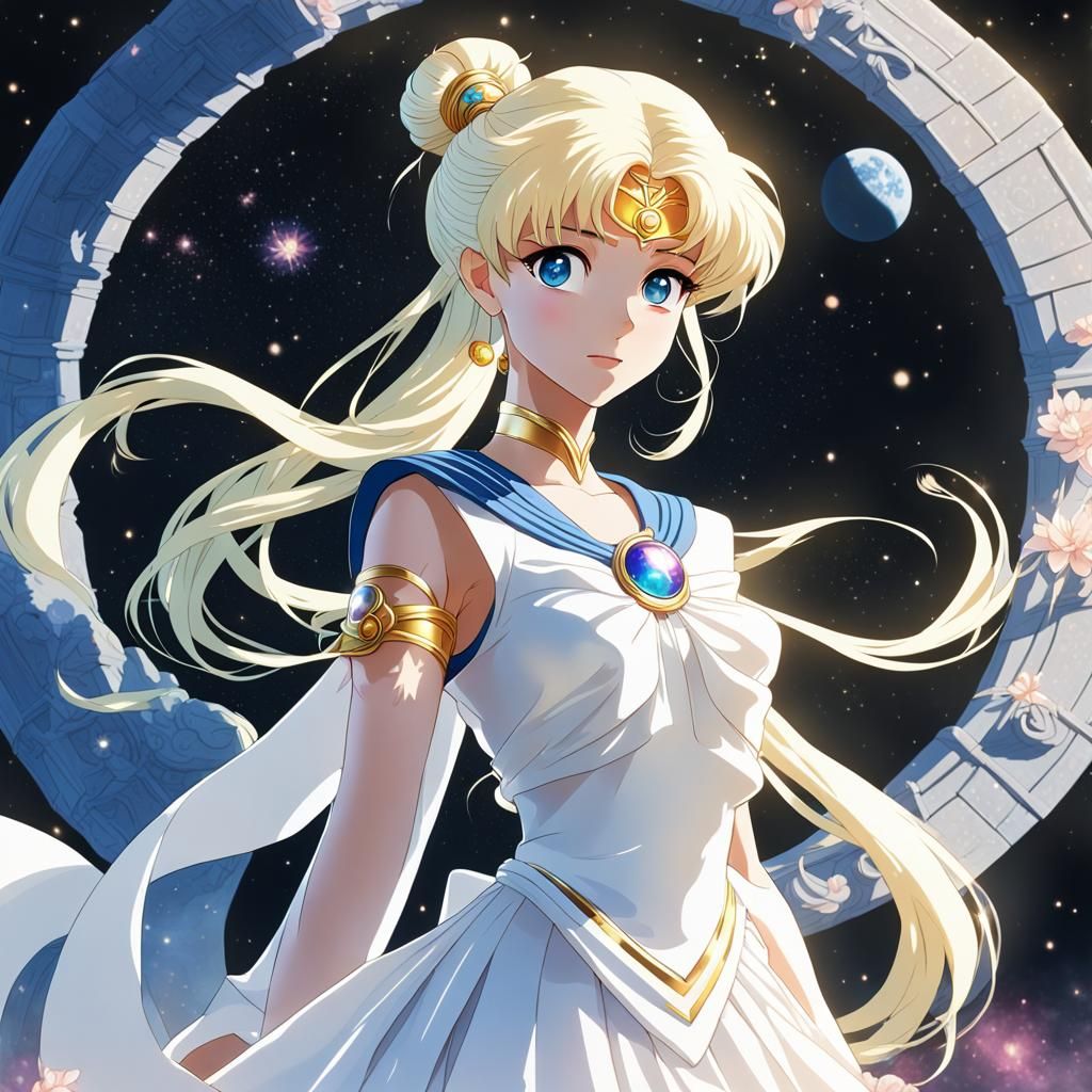 Sailor Moon (White toga-style dress), Michelangelo, Naoko Takeuchi, Roman garden, strong, delicate, 3D shading beautiful...