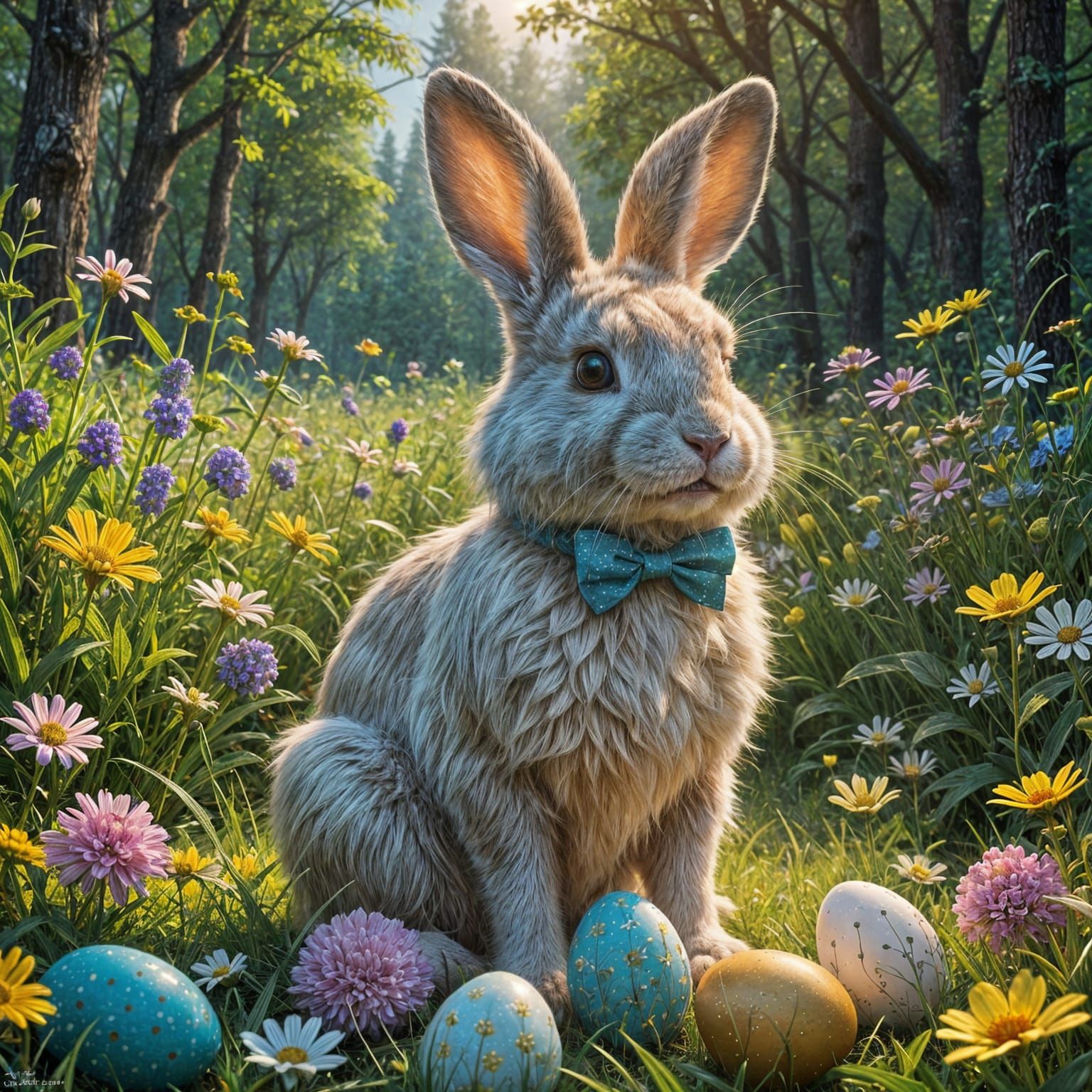 Easter Bunny Surrounded by Eggs in a Vibrant Meadow